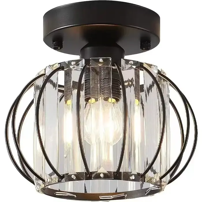 Plafonnier en métal semi-affleurant, noir, or, luminaires avec accents en cristal, salon, couloir, e