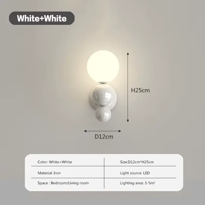 Lampe murale LED de chevet de chambre à coucher, en forme de perle, blanche, couleur contrastée, lam