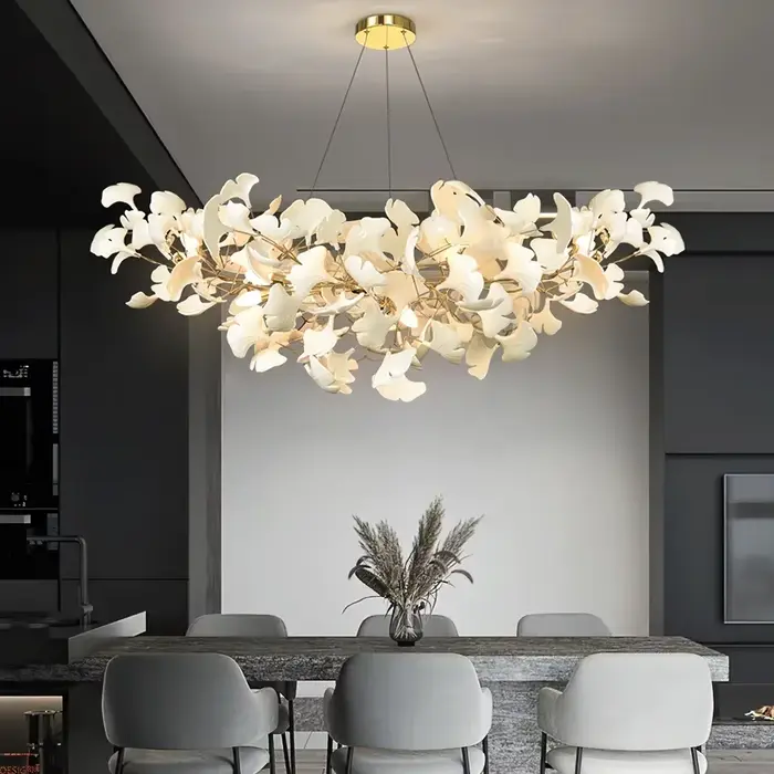 Lustre scandinave doré argent Long blanc feuille de Ginko, Lustre Suspension salon salle à manger ch